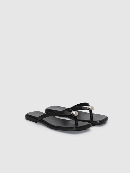Square Toe Metal Detail Faux Leather Flip Flop Slippers