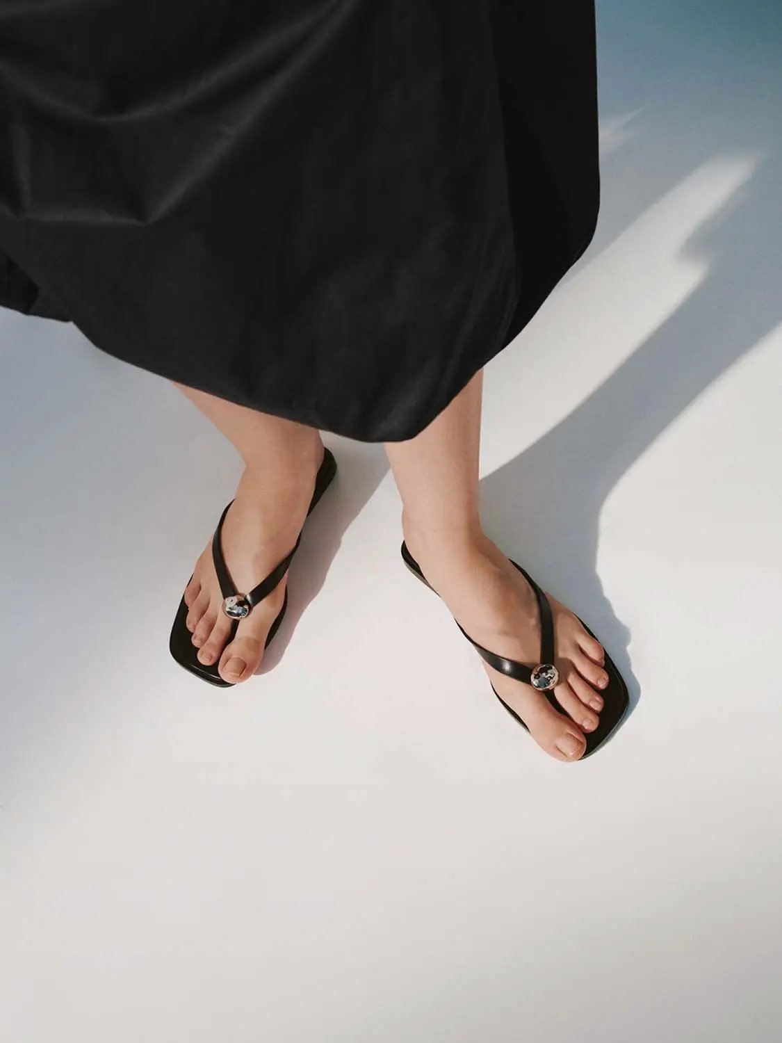 Square Toe Metal Detail Faux Leather Flip Flop Slippers