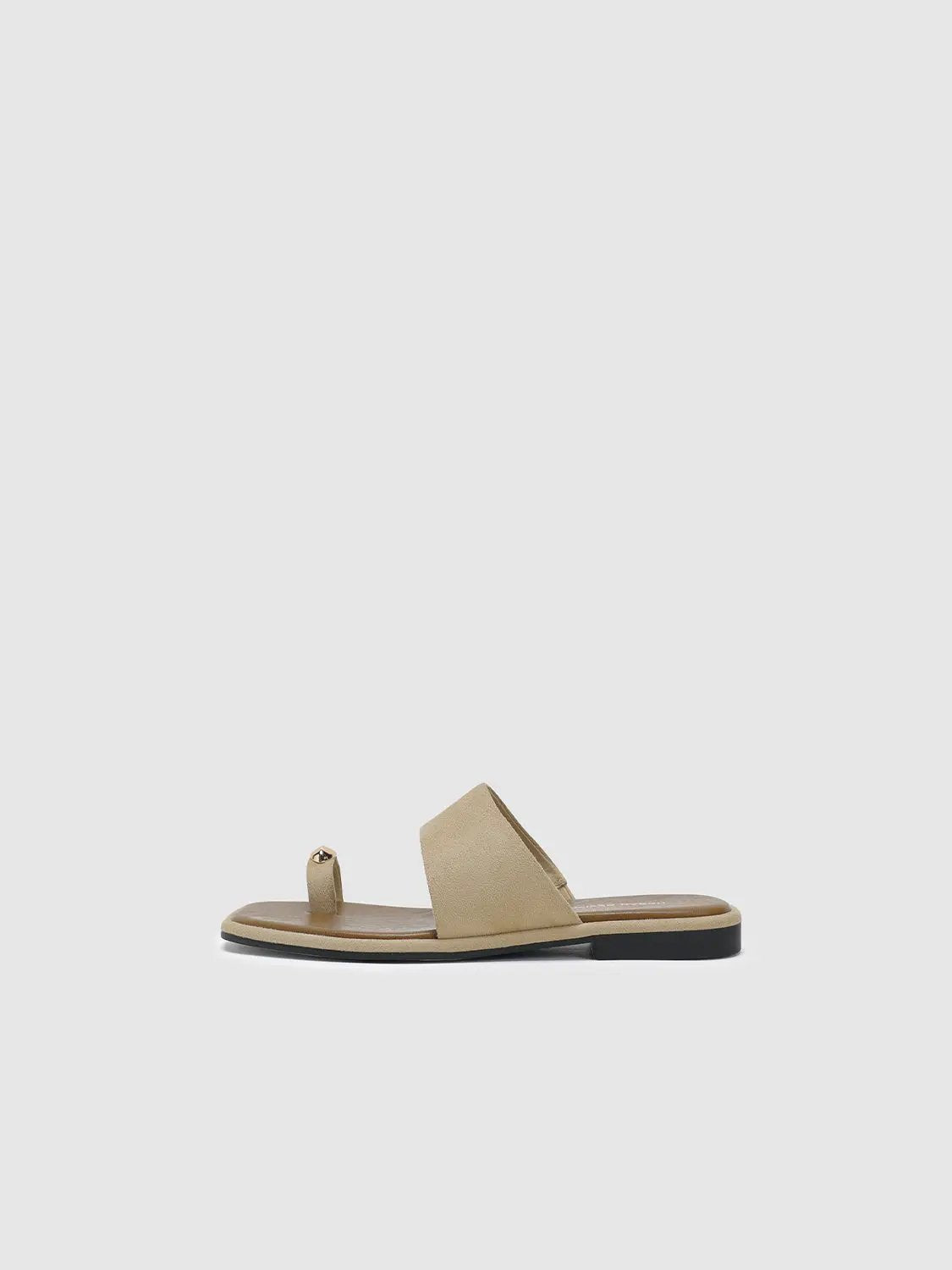 Square Toe Two-Tone Suede Metal Detail Slip On Flat Sandals