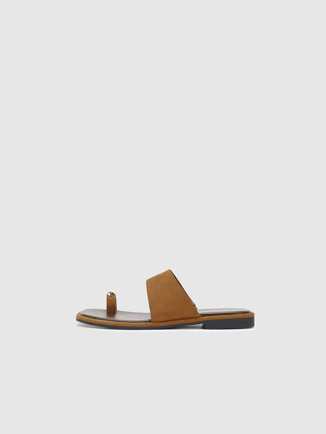 Square Toe Two-Tone Suede Metal Detail Slip On Flat Sandals