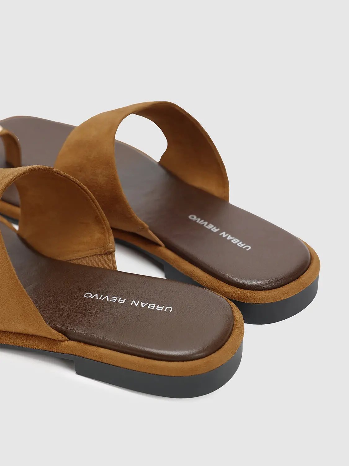 Square Toe Two-Tone Suede Metal Detail Slip On Flat Sandals