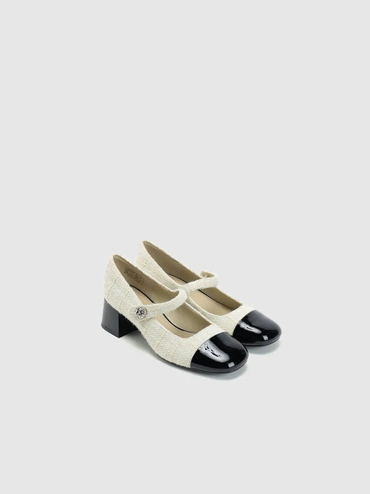 Textile Upper Patent Toe Cap Heeled Mary Jane Pumps