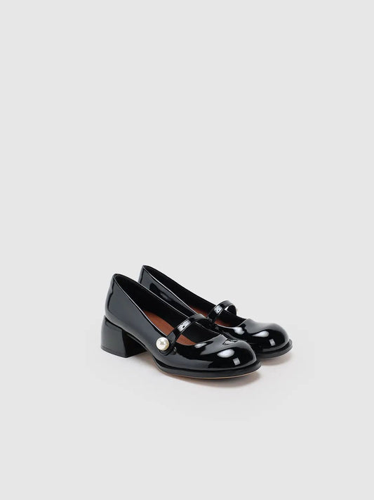 Round Toe Pearl Strap Block Heel Mary Jane Shoes