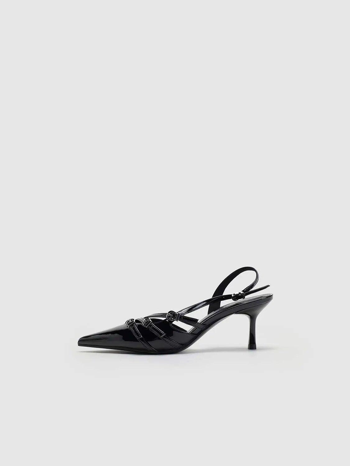 Patent Pointed Toe Buckle Strap Slingback Kitten Heels