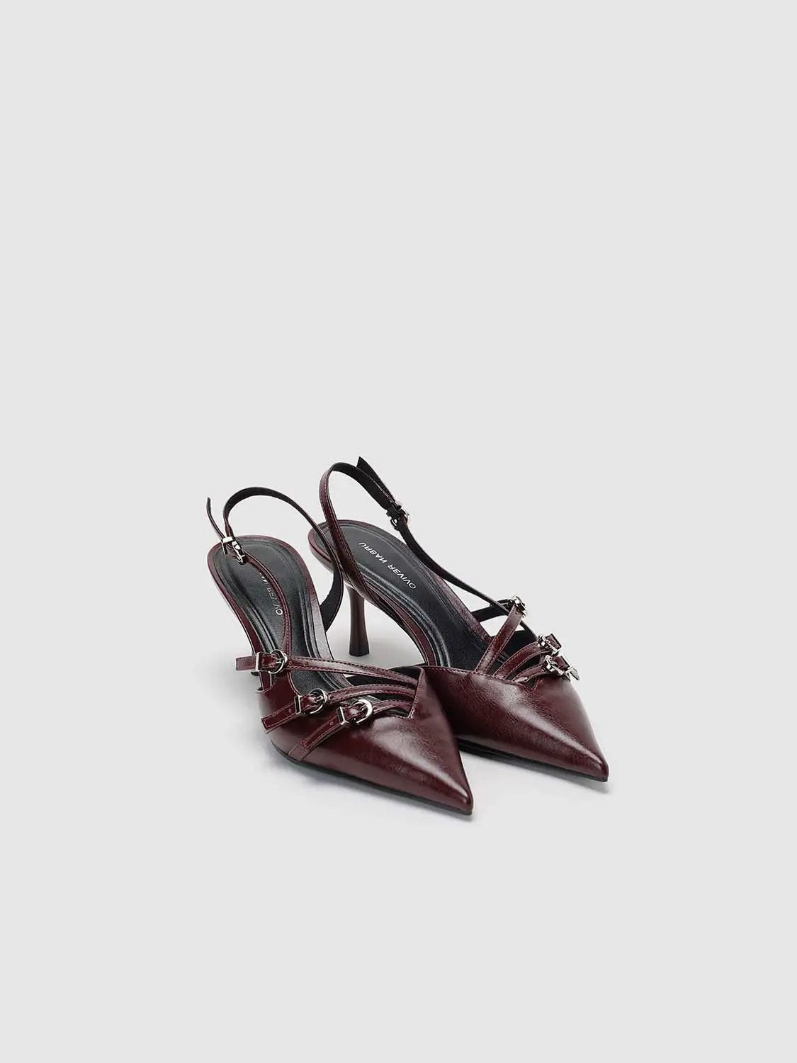 Patent Pointed Toe Buckle Strap Slingback Kitten Heels