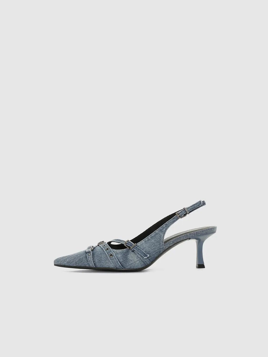Denim Slingback Buckle Strap Pointed Toe Heels