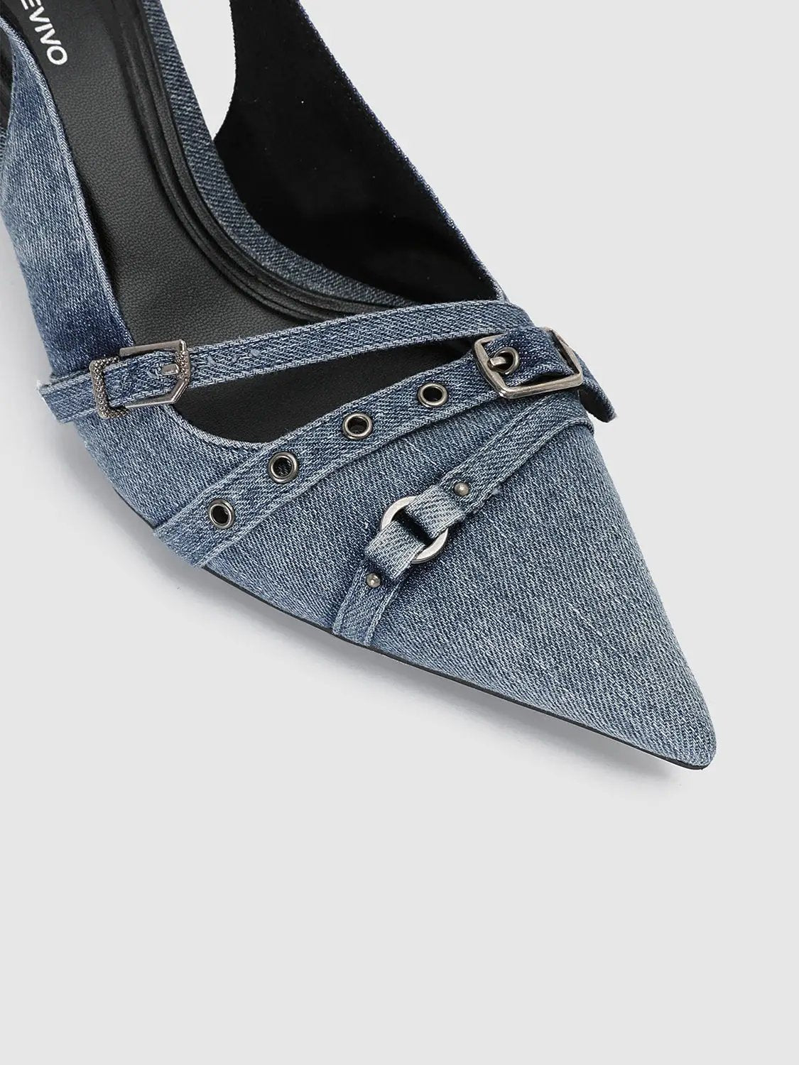 Denim Slingback Buckle Strap Pointed Toe Heels