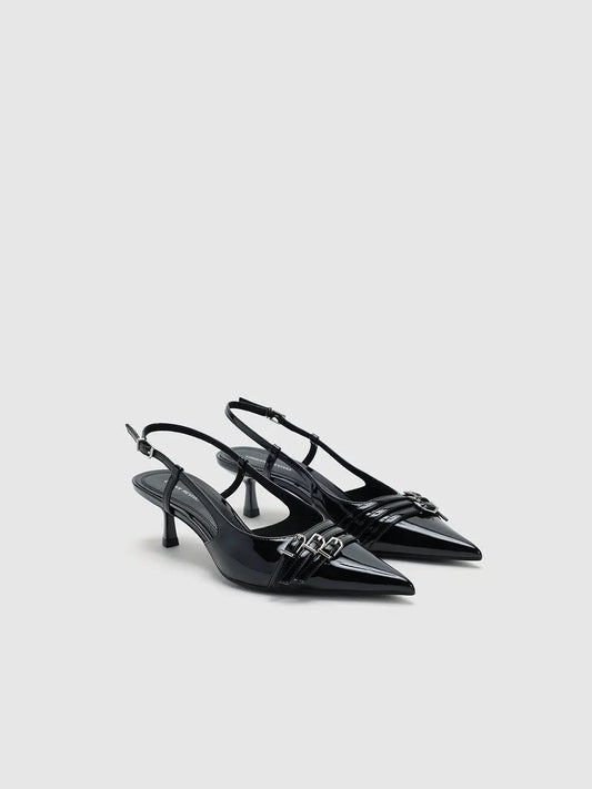 Black Patent Pointed Toe Slingback Kitten Heel Pump