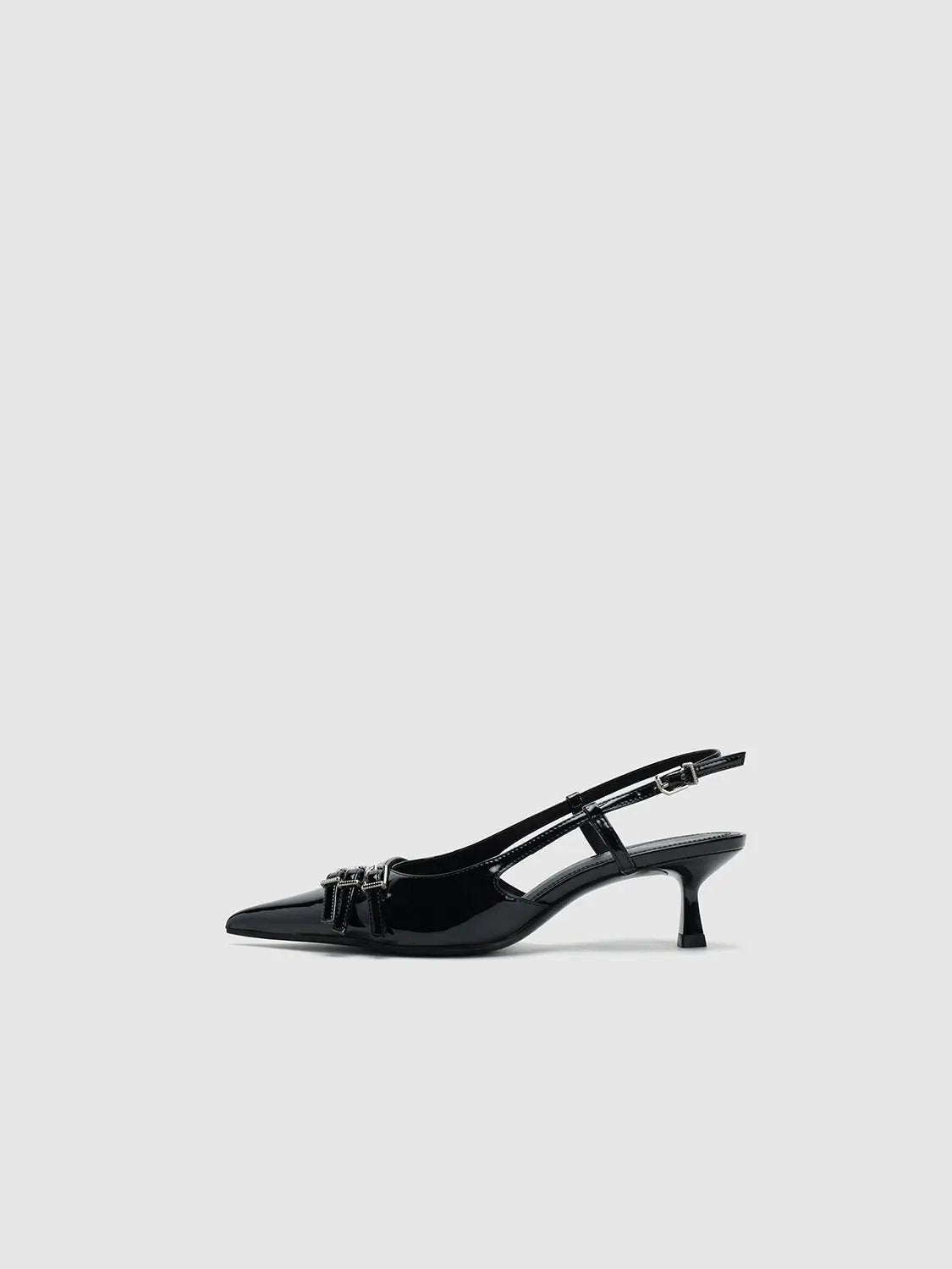 Black Patent Pointed Toe Slingback Kitten Heel Pump