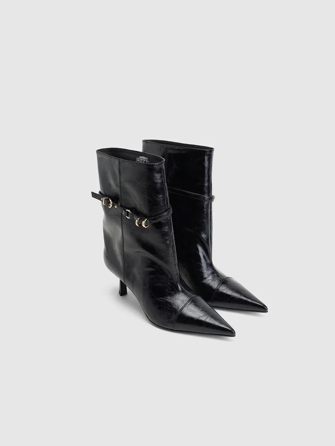 Pointed Toe Textured Buckle Strap Heeled Boots