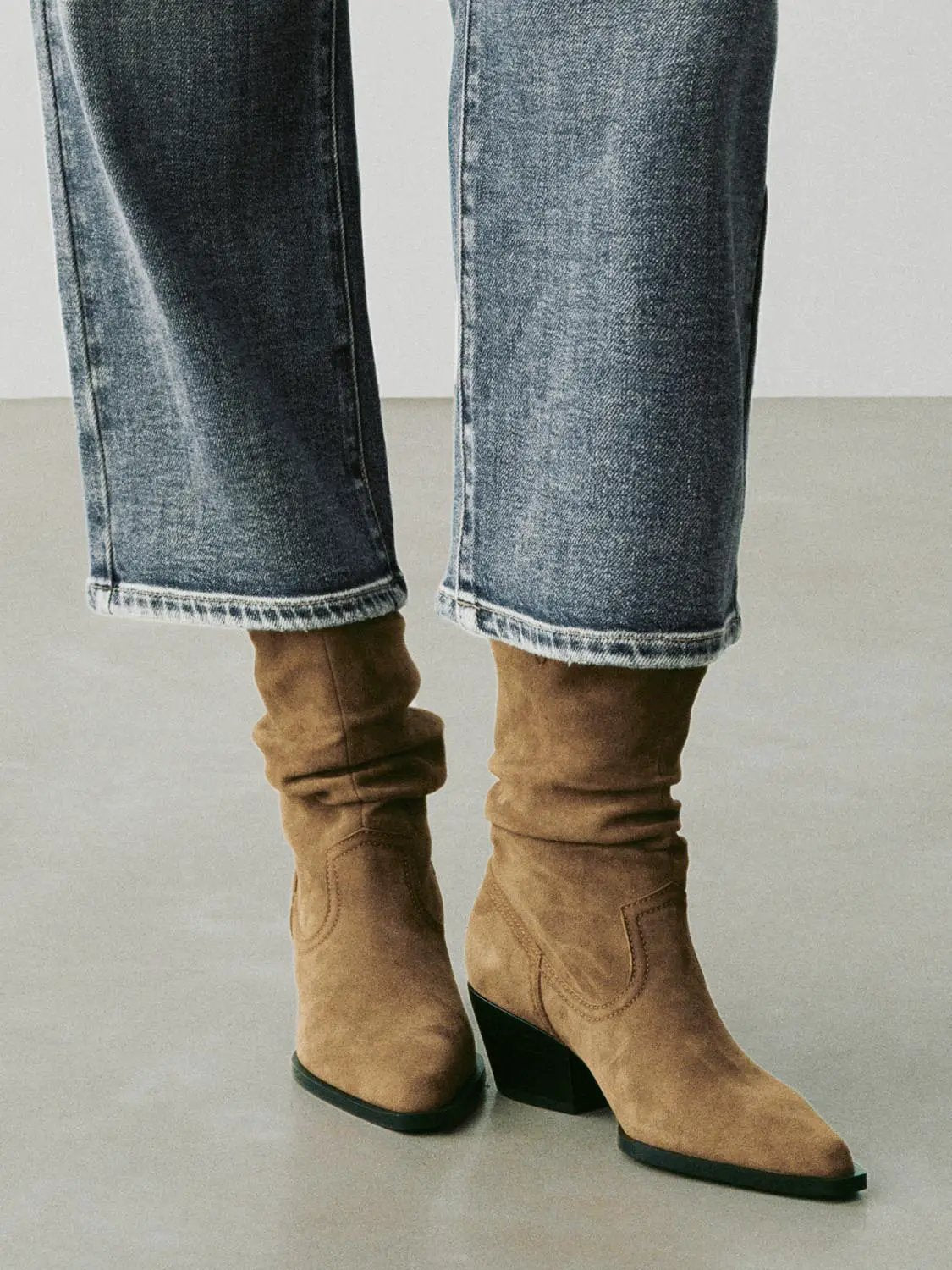 Ruched Mid-Calf Western Pointed Toe Block Heel Boots