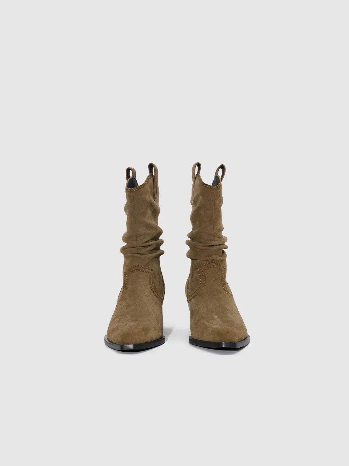 Ruched Mid-Calf Western Pointed Toe Block Heel Boots