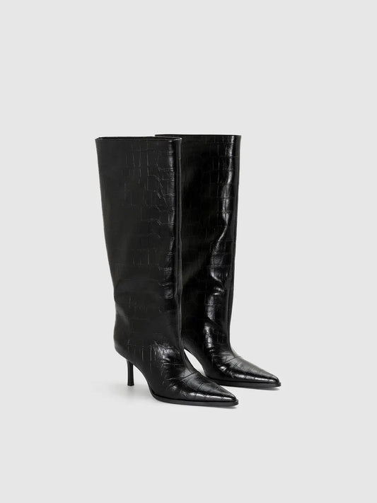 Embossed Crocodile Pointed Toe Stiletto Knee-high Boots