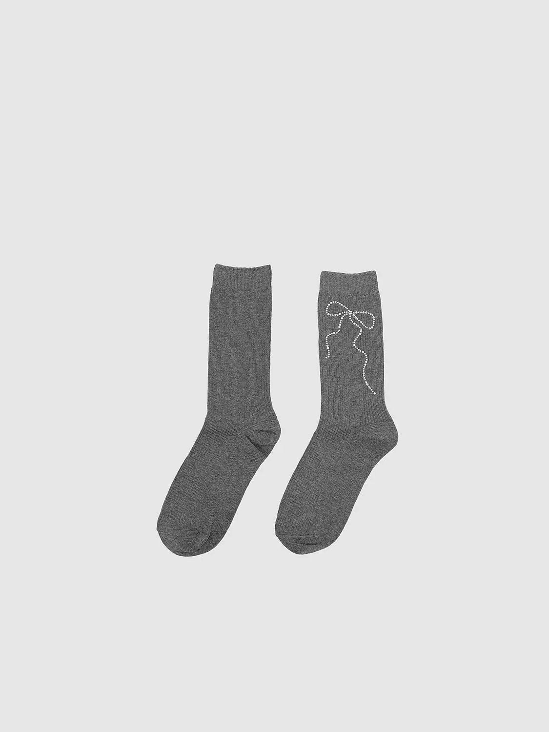Ribbed Knit Rhinestone Bow Pattern Cotton Mid Calf Socks