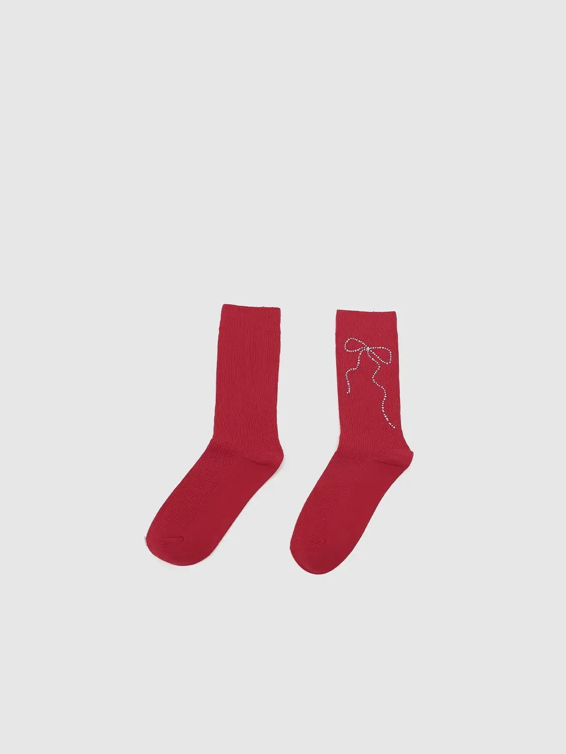 Ribbed Knit Rhinestone Bow Pattern Cotton Mid Calf Socks