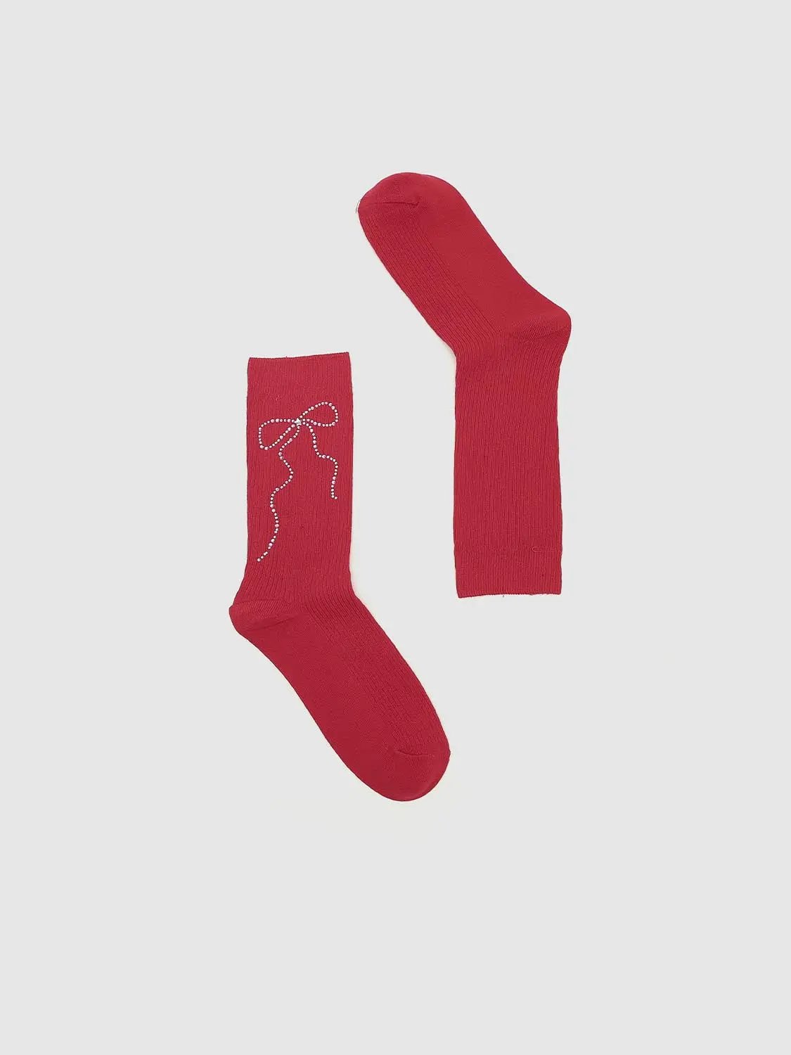 Ribbed Knit Rhinestone Bow Pattern Cotton Mid Calf Socks