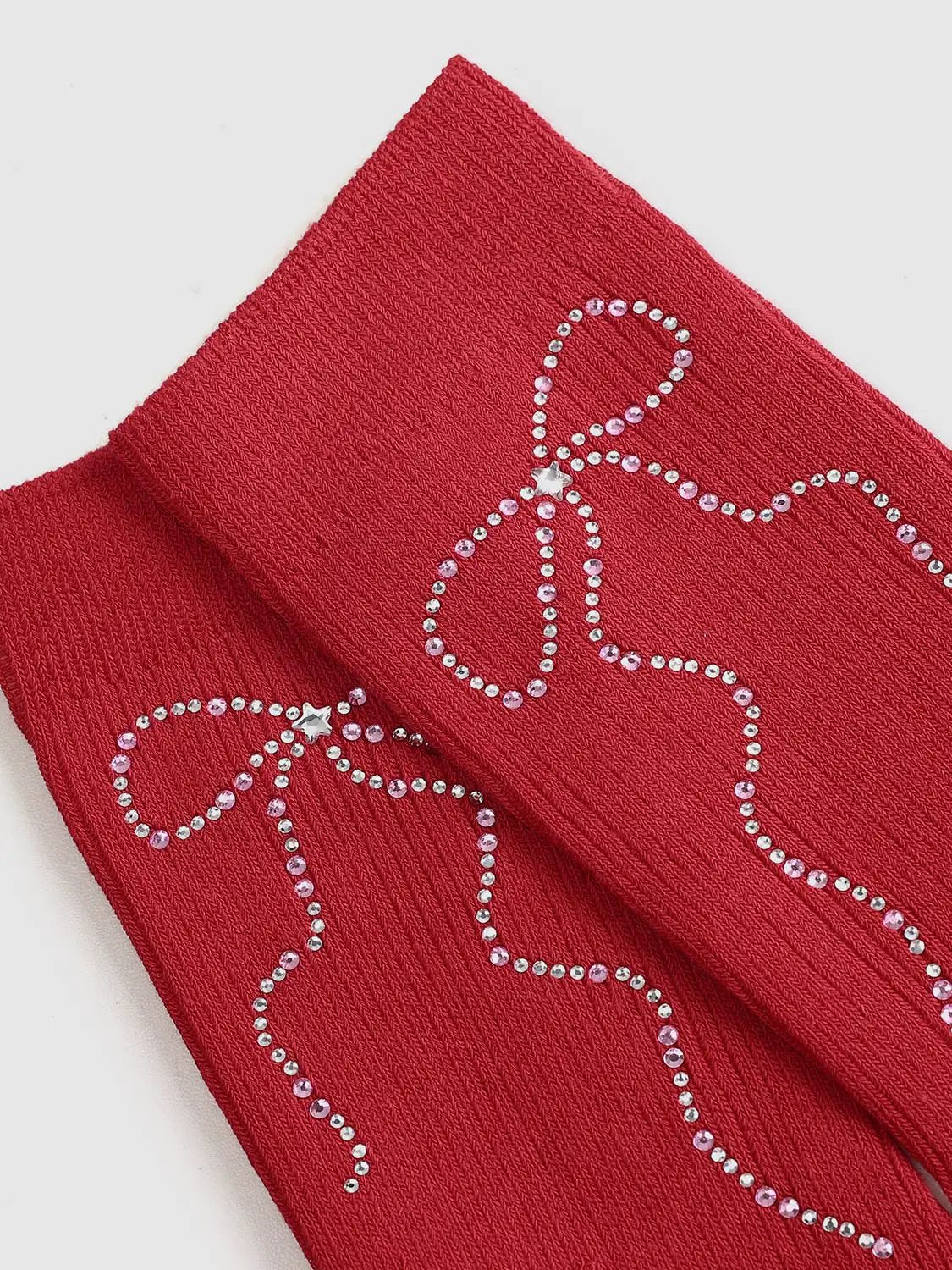 Ribbed Knit Rhinestone Bow Pattern Cotton Mid Calf Socks