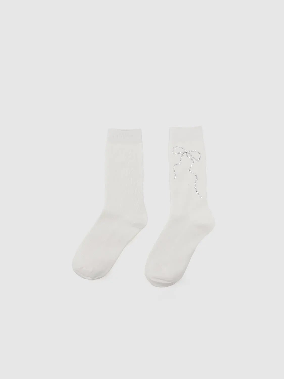 Ribbed Knit Rhinestone Bow Pattern Cotton Mid Calf Socks