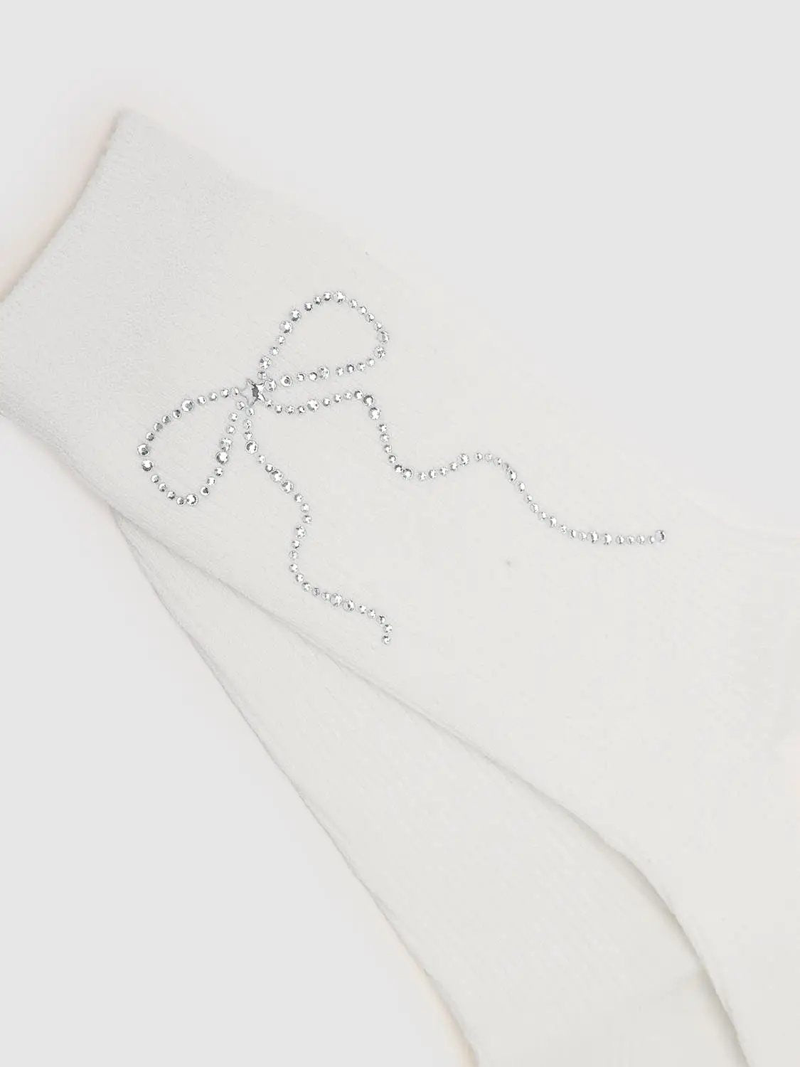 Ribbed Knit Rhinestone Bow Pattern Cotton Mid Calf Socks