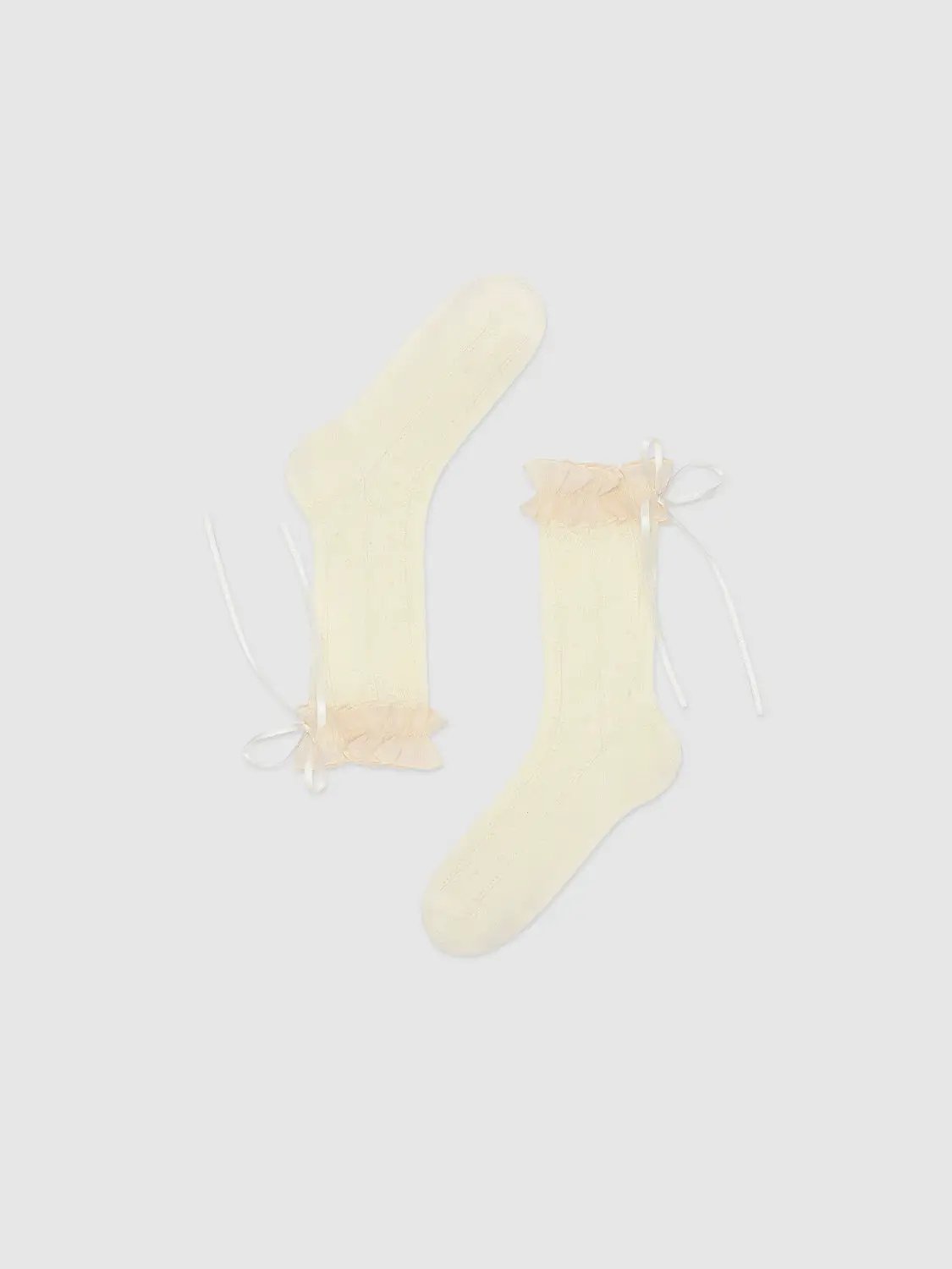 Regular Mid-calf Cream Ruffle Cuff Bow Decor Sheer Socks