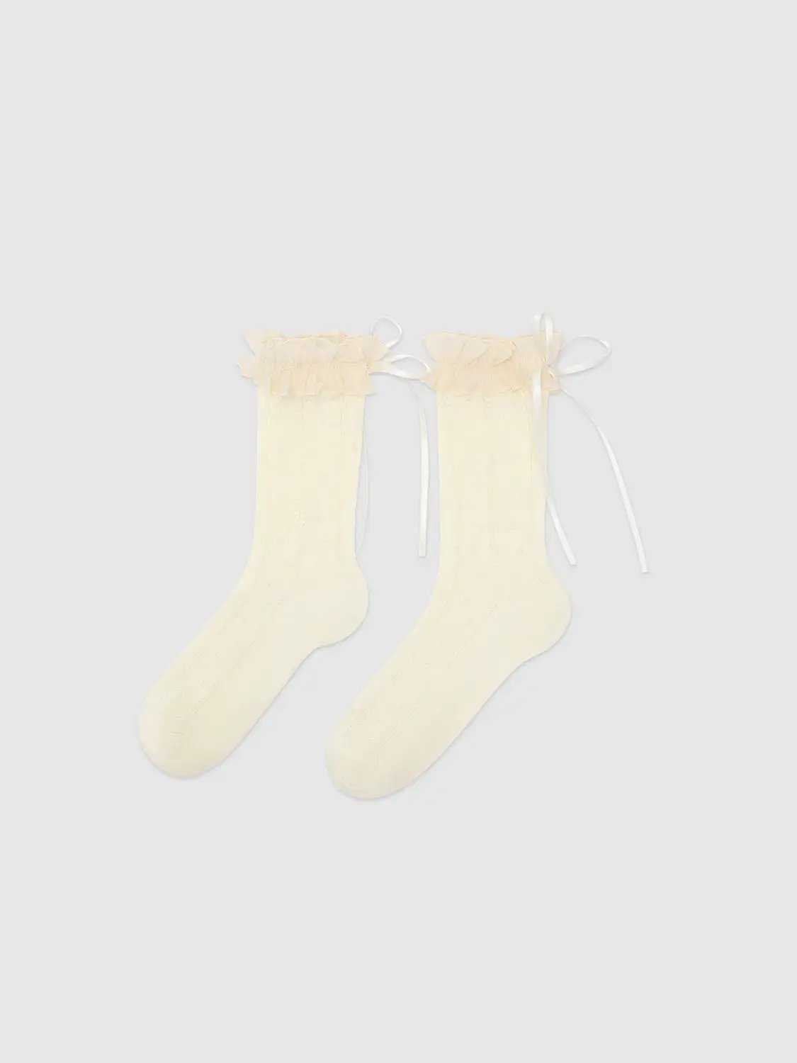 Regular Mid-calf Cream Ruffle Cuff Bow Decor Sheer Socks