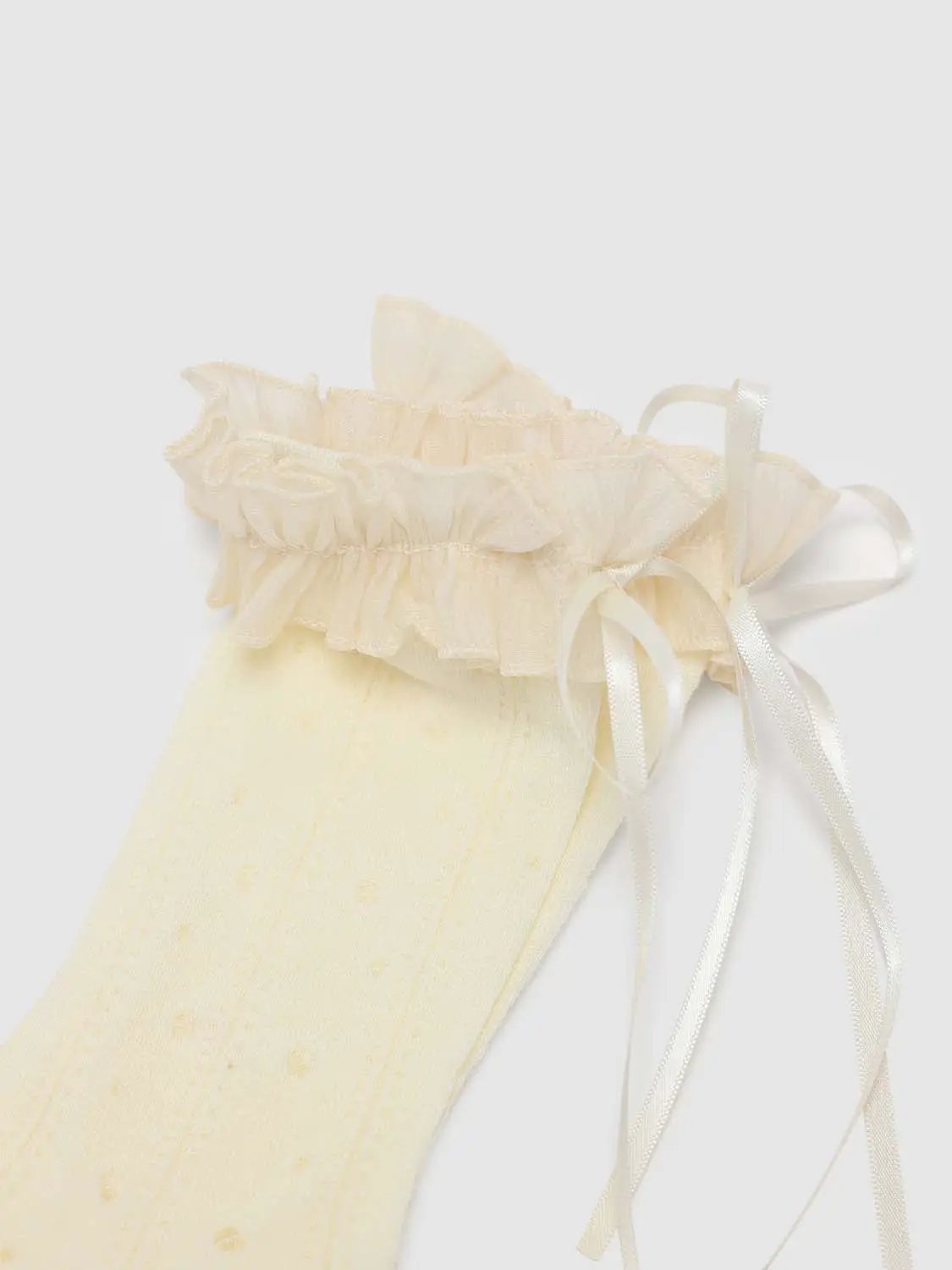 Regular Mid-calf Cream Ruffle Cuff Bow Decor Sheer Socks