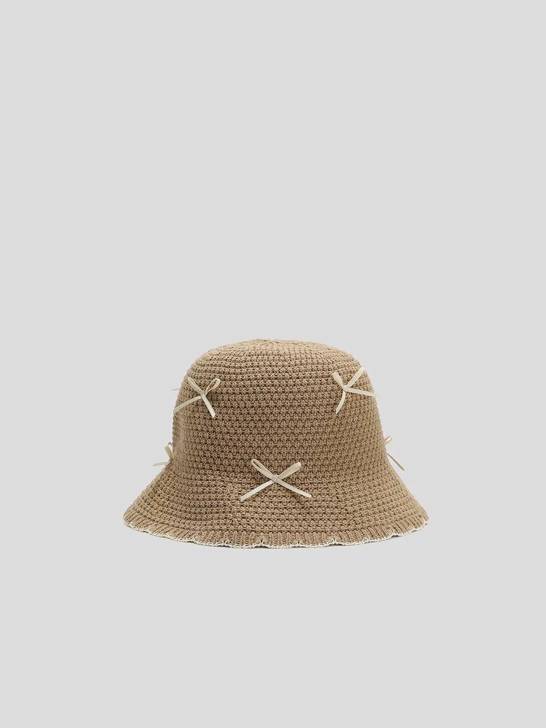 Crocheted Cotton Blend Bucket Hat With Ribbon Details
