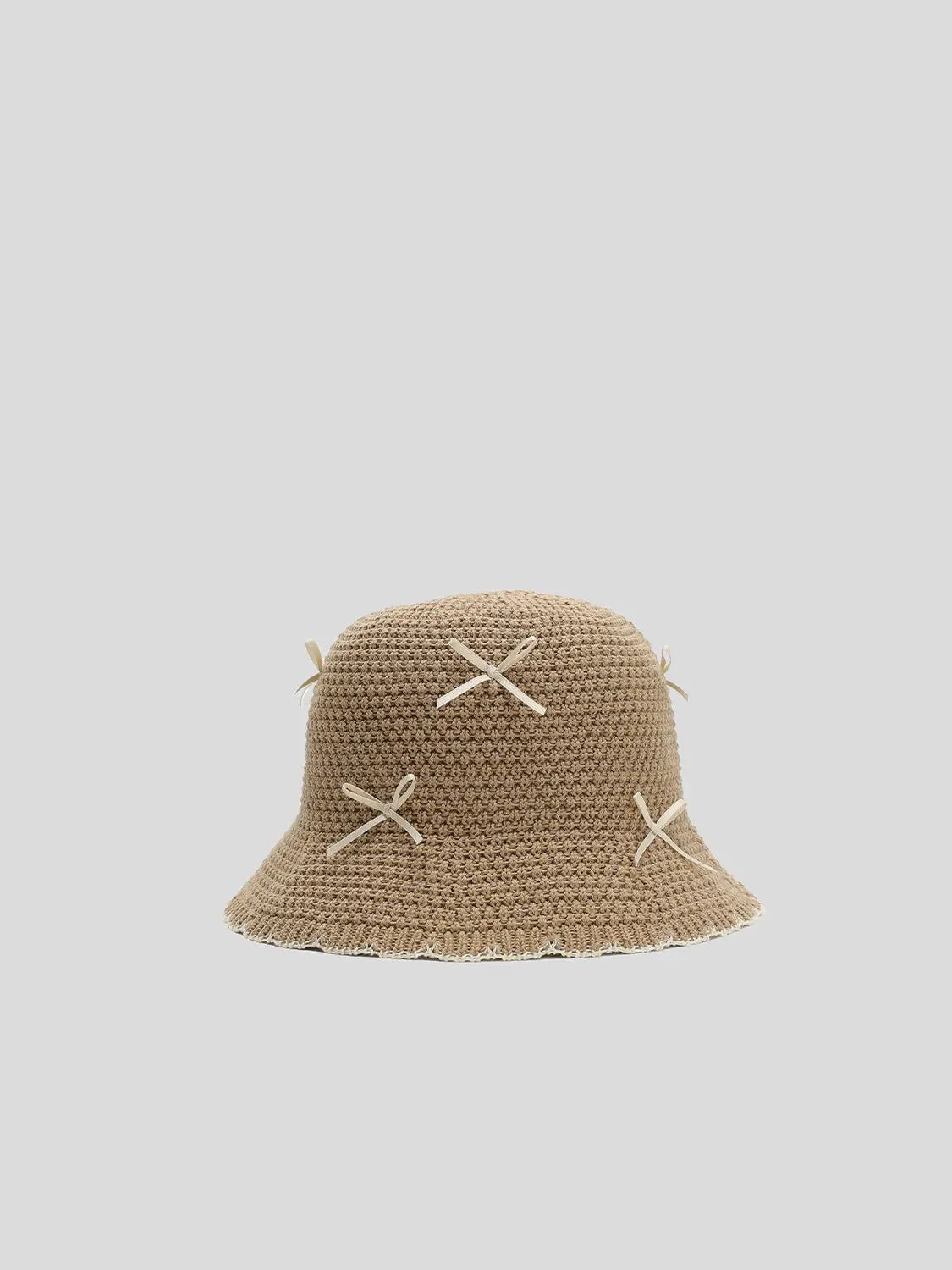Crocheted Cotton Blend Bucket Hat With Ribbon Details