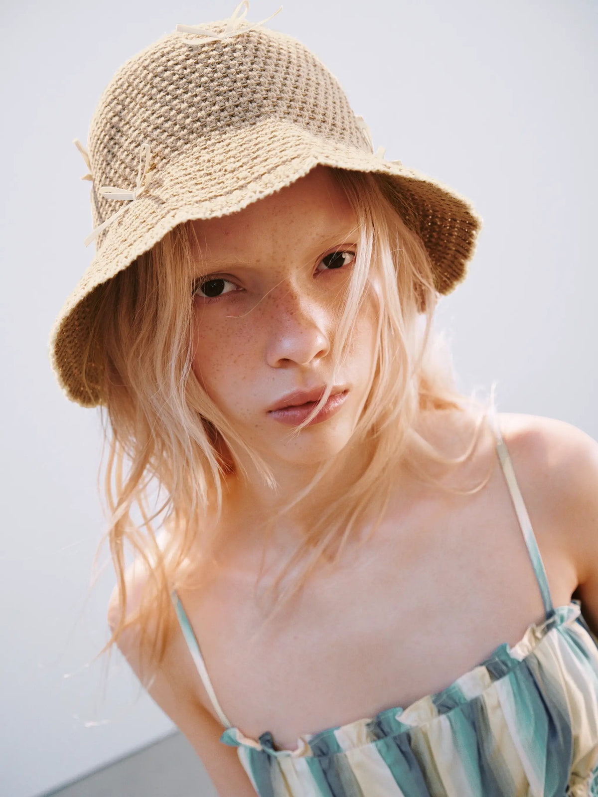 Crocheted Cotton Blend Bucket Hat With Ribbon Details