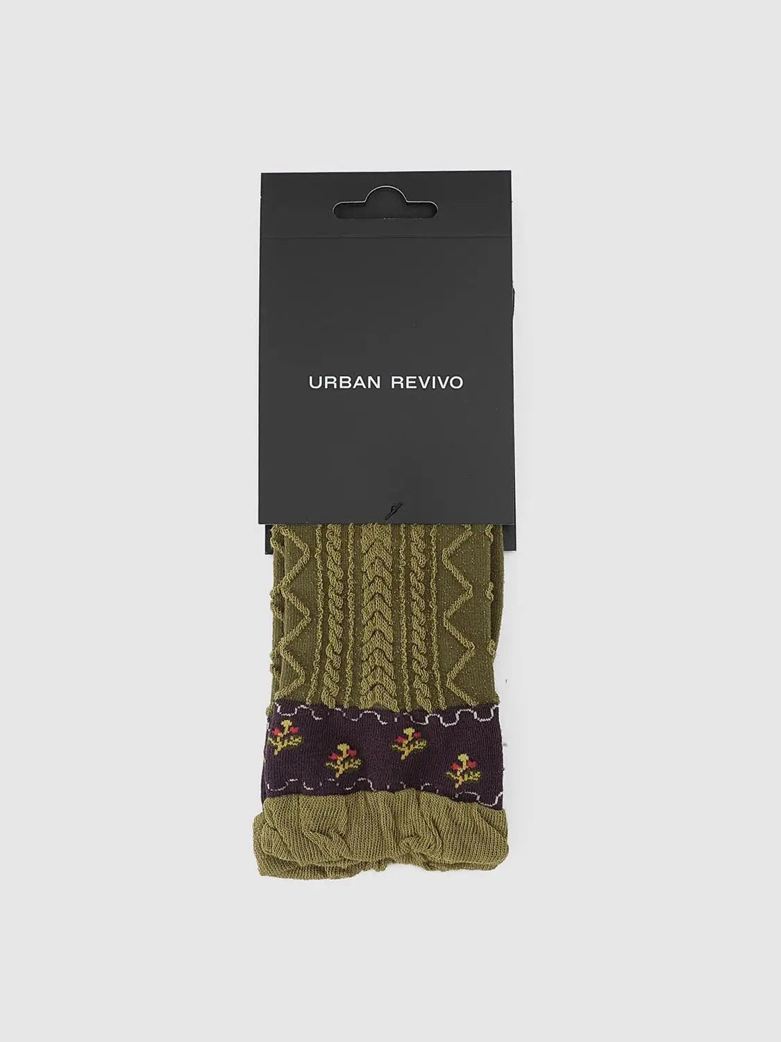 Ruffled Cable Knit Floral Band Brown Socks
