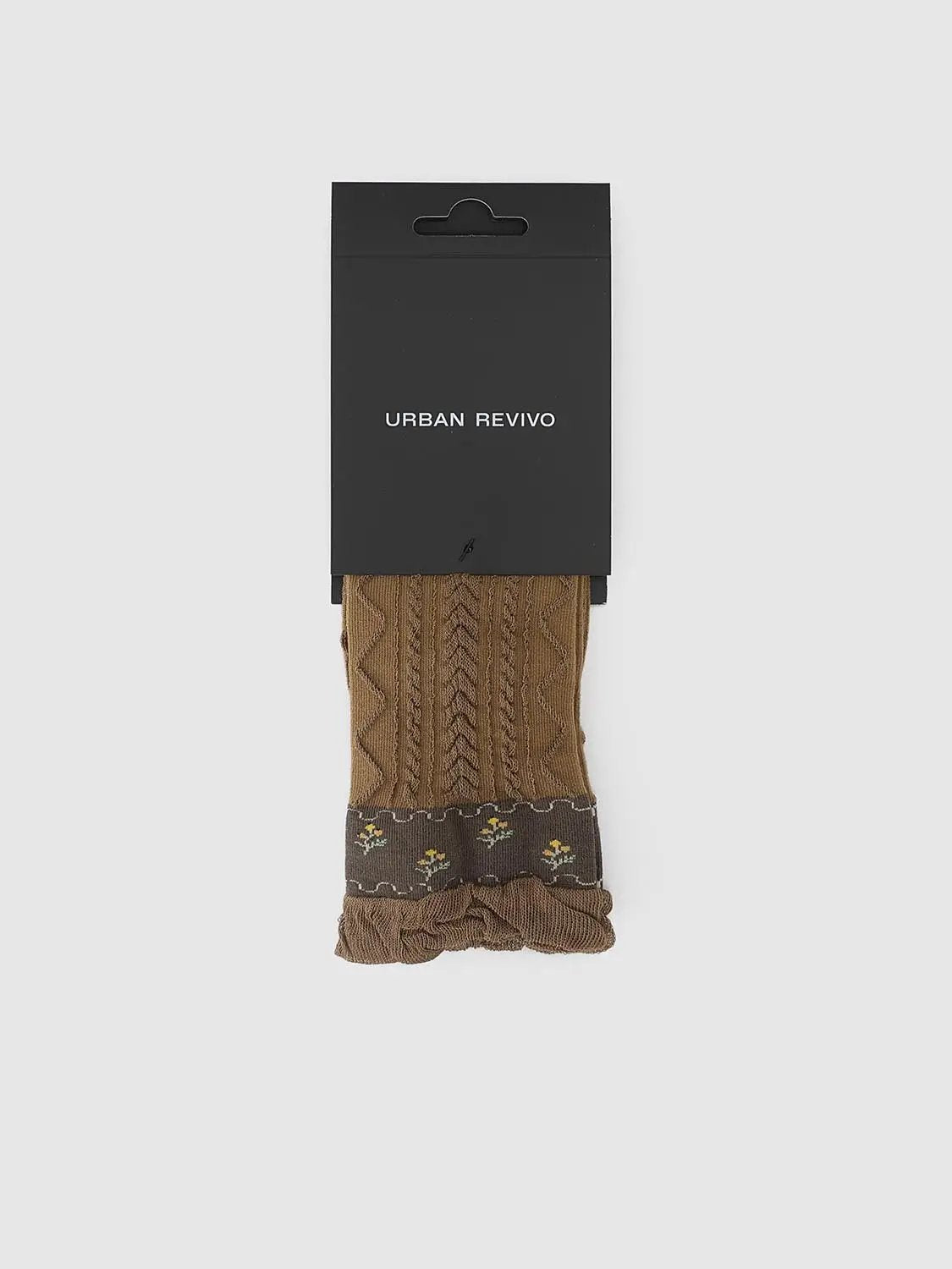 Ruffled Cable Knit Floral Band Brown Socks