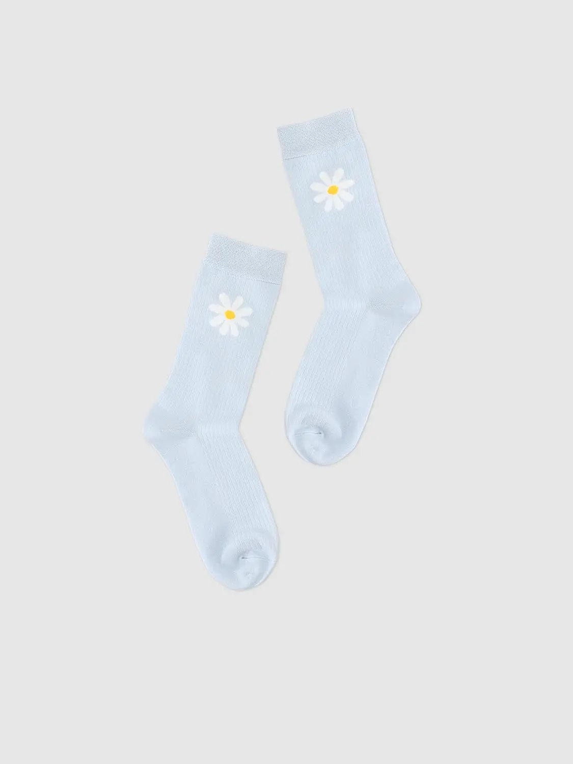 Ribbed Floral Print Light Blue Crew Socks