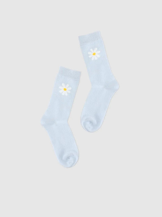 Ribbed Floral Print Light Blue Crew Socks