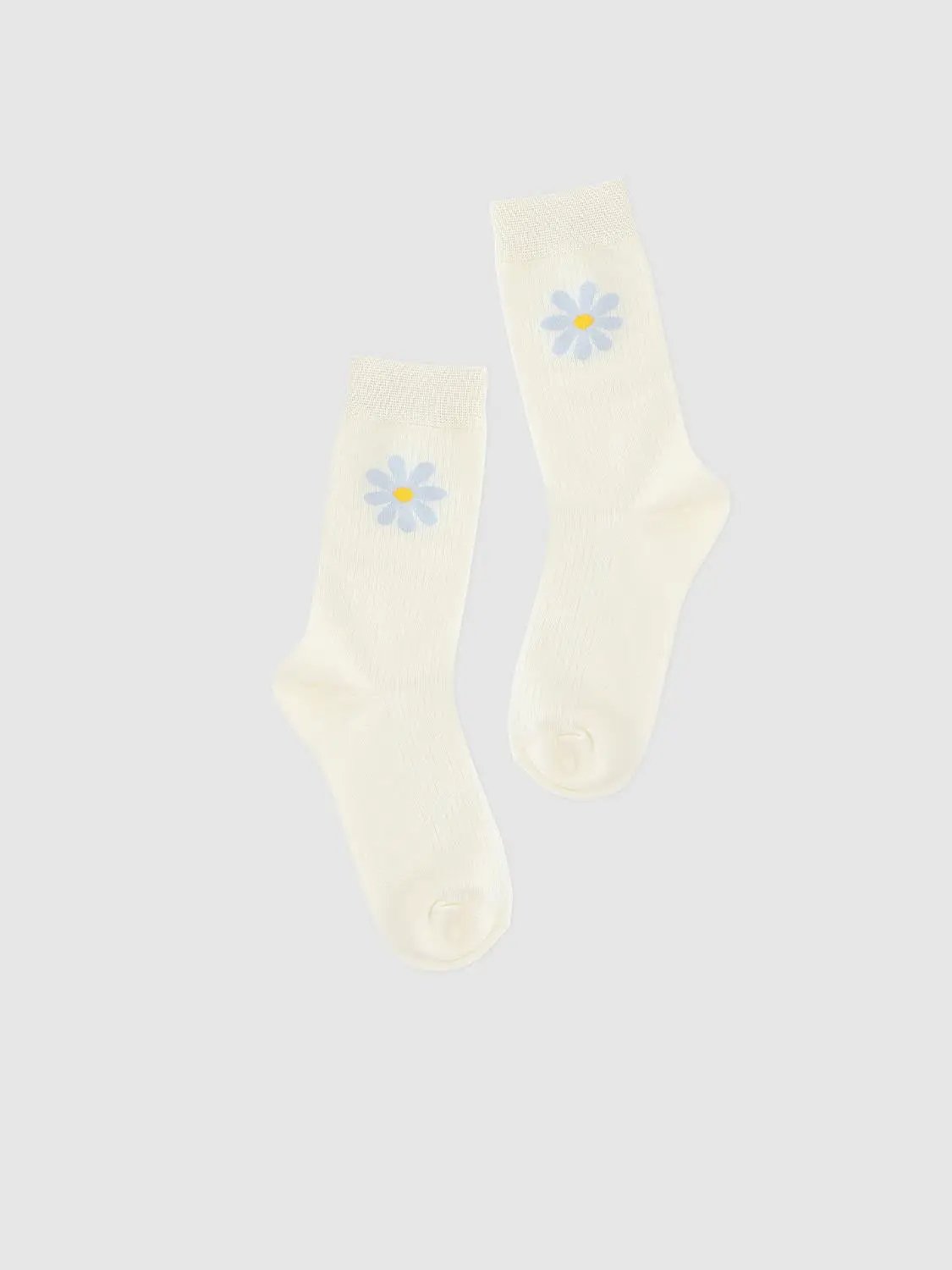 Ribbed Floral Print Light Blue Crew Socks