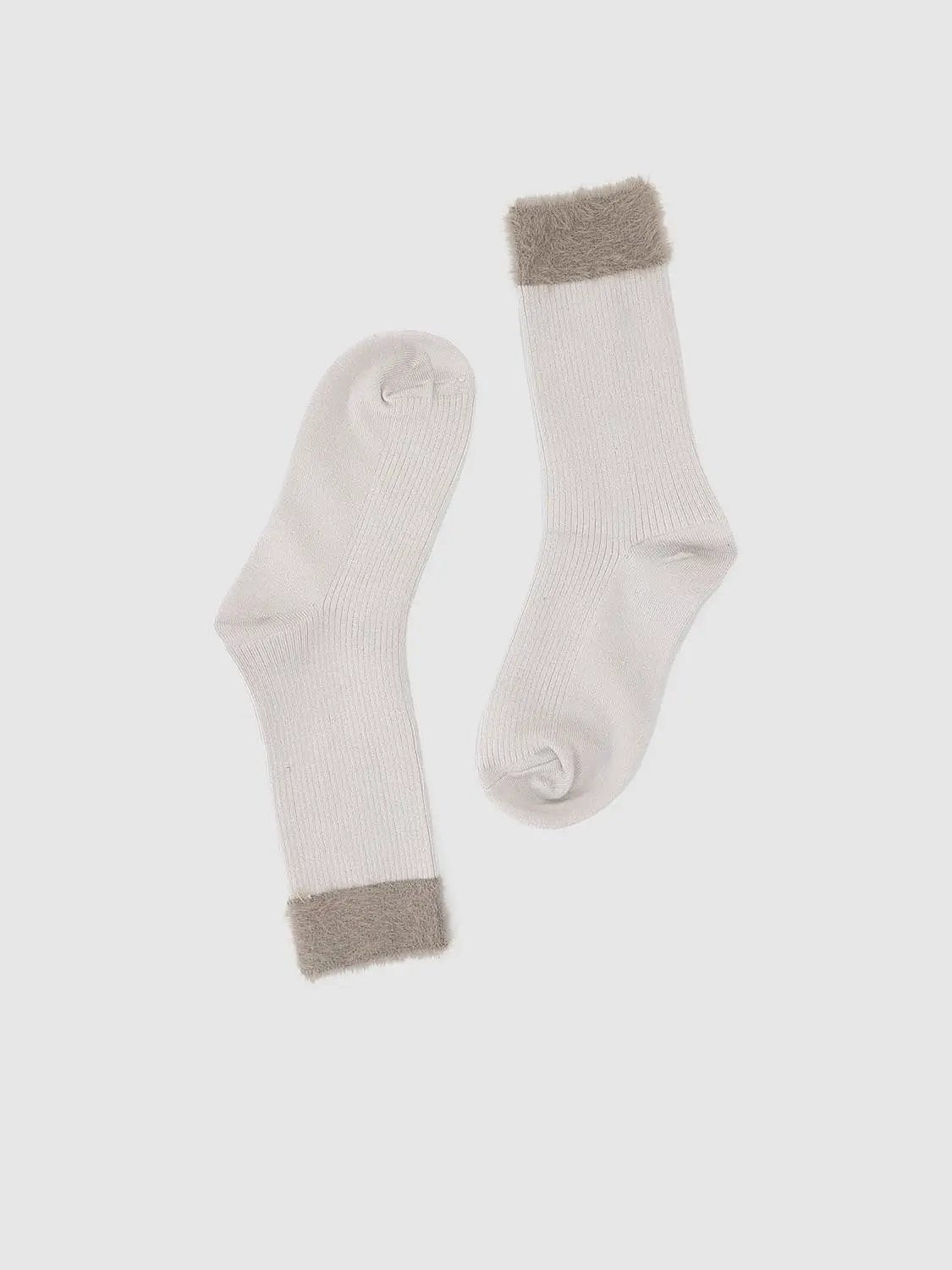 Ribbed Solid Cream Crew Socks