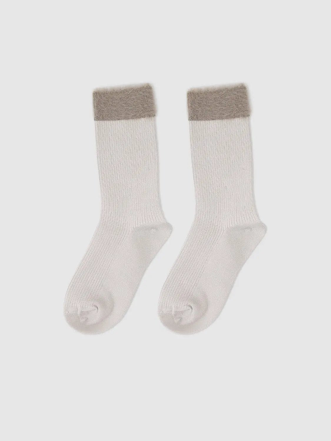 Ribbed Solid Cream Crew Socks