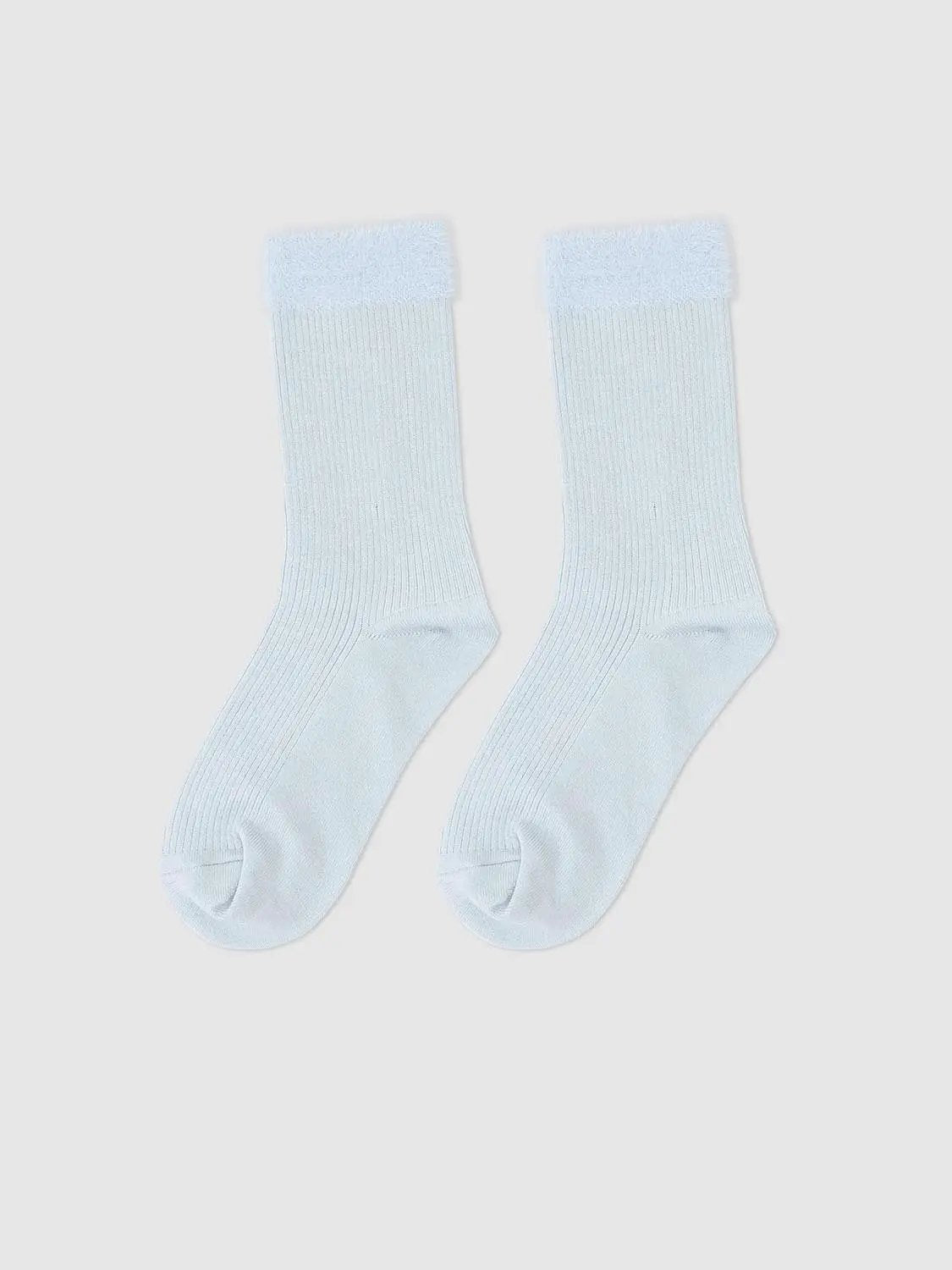 Ribbed Solid Cream Crew Socks