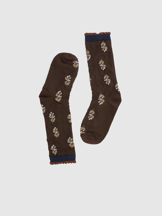 Floral Textured Ruffled Cuff Cotton Blend Socks