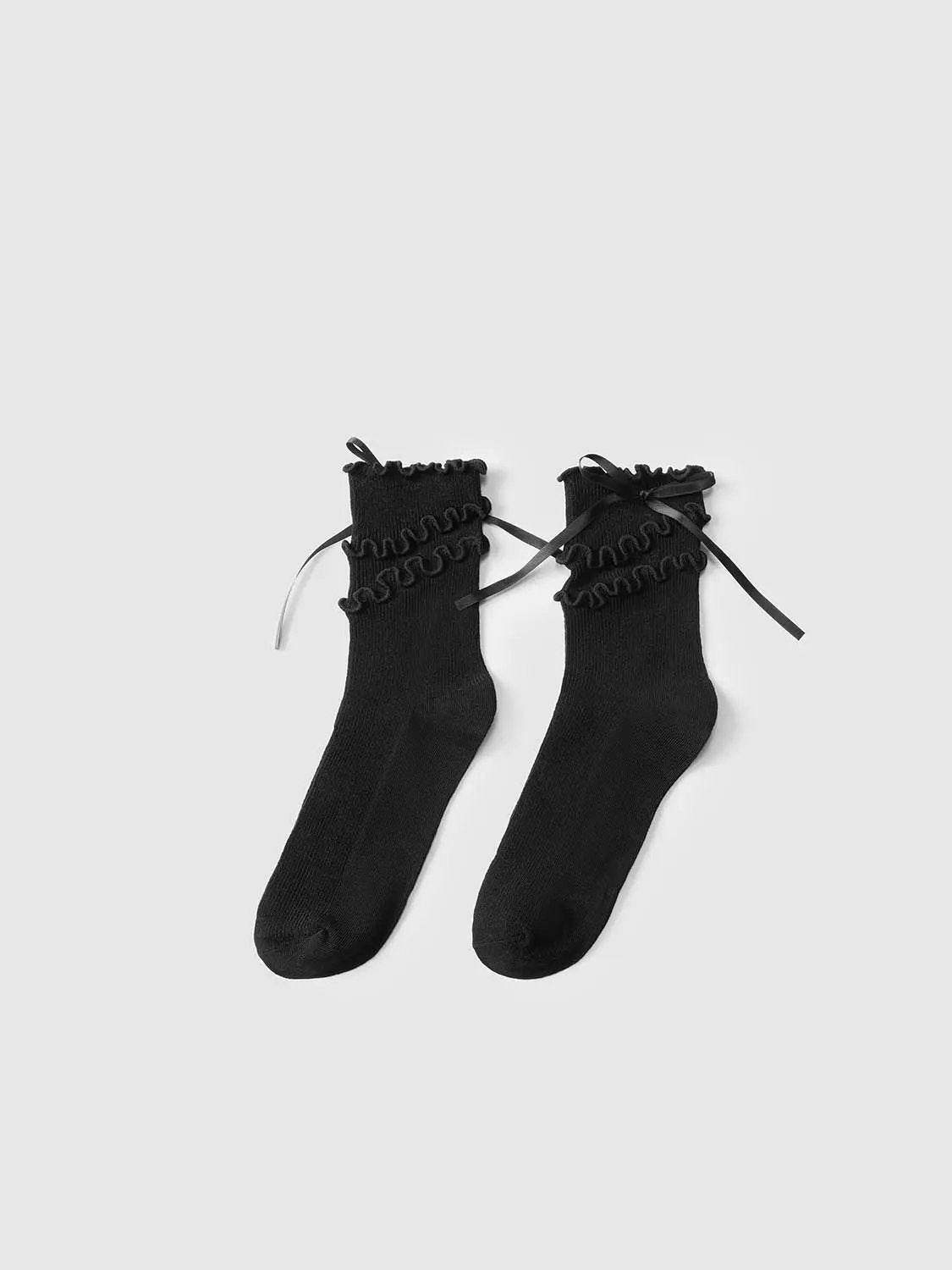Ruffle Ribbon Tie Ribbed Cotton Blend Socks