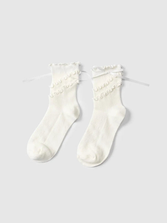 Ruffle Ribbon Tie Ribbed Cotton Blend Socks