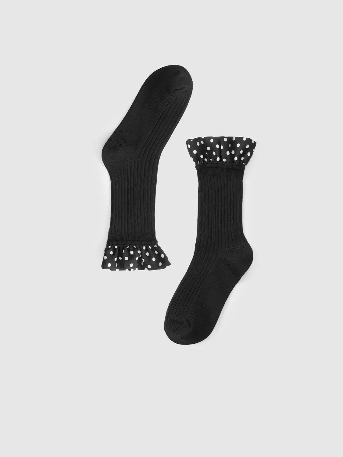 Ribbed Polka Dot Ruffle Cuff Cotton Blend Socks