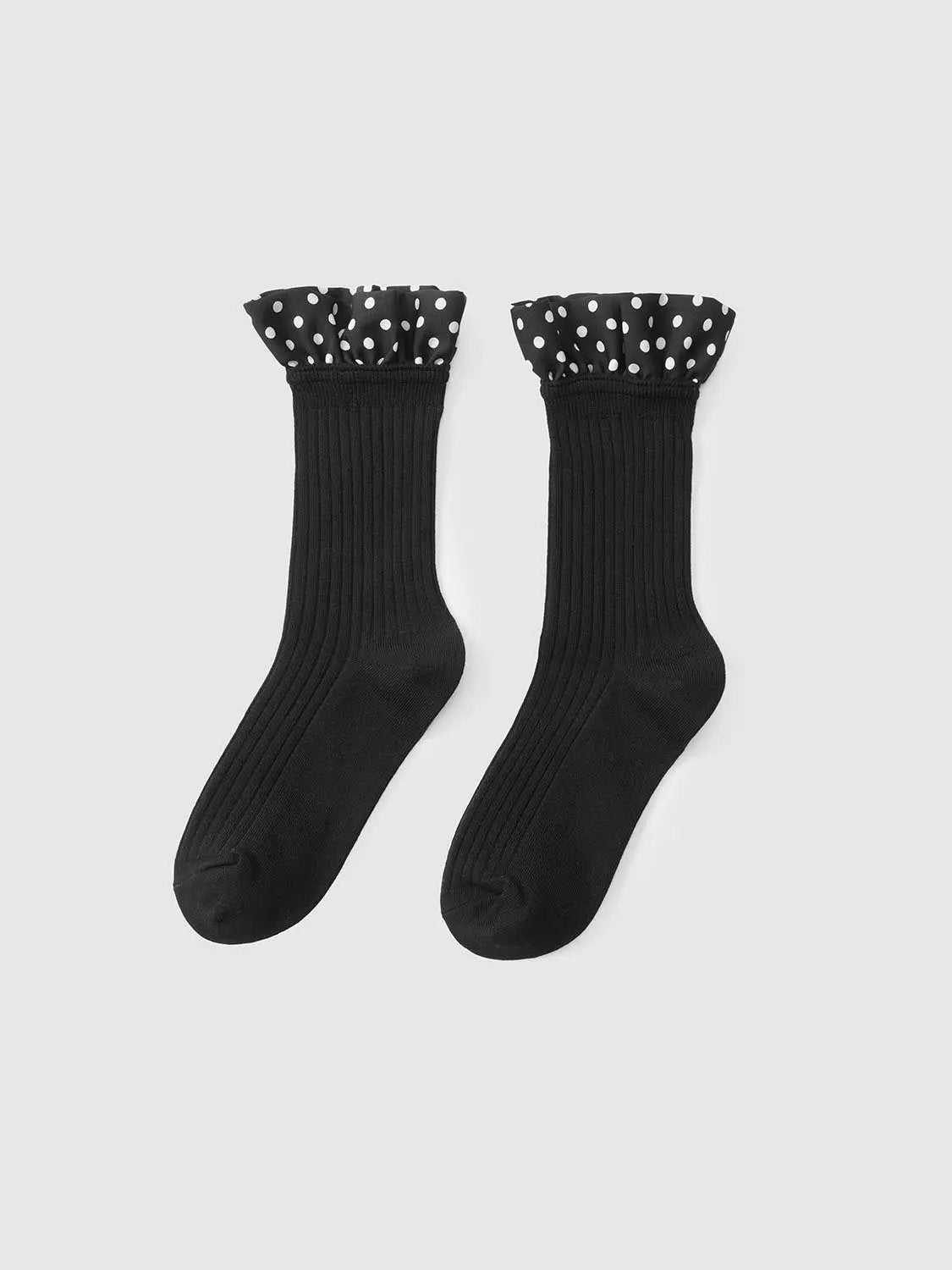Ribbed Polka Dot Ruffle Cuff Cotton Blend Socks