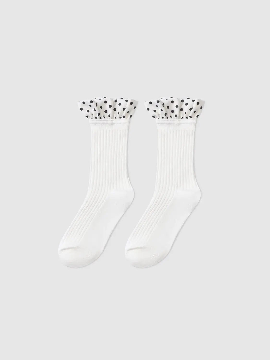 Ribbed Polka Dot Ruffle Cuff Cotton Blend Socks