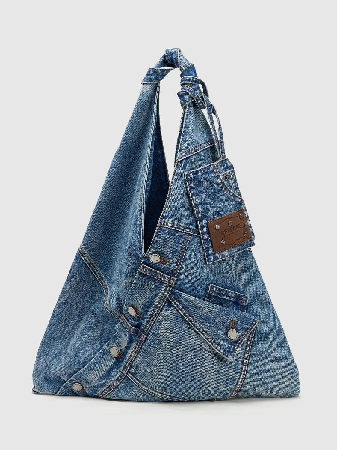 Knot Handles Patchwork Denim Shoulder Bag