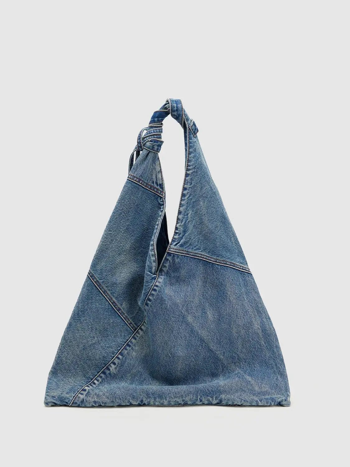 Knot Handles Patchwork Denim Shoulder Bag