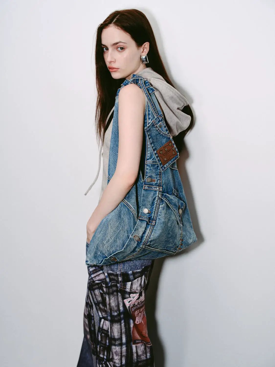 Knot Handles Patchwork Denim Shoulder Bag