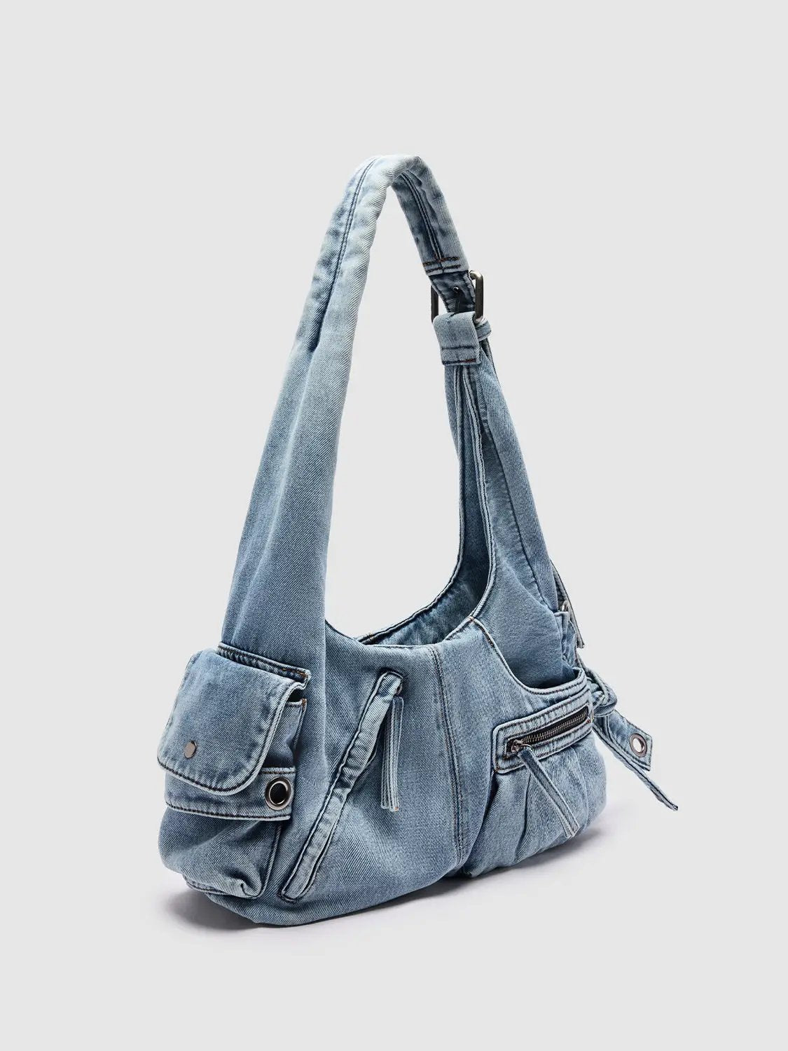 Multi Pocket Washed Denim Large Capacity Shoulder Bag