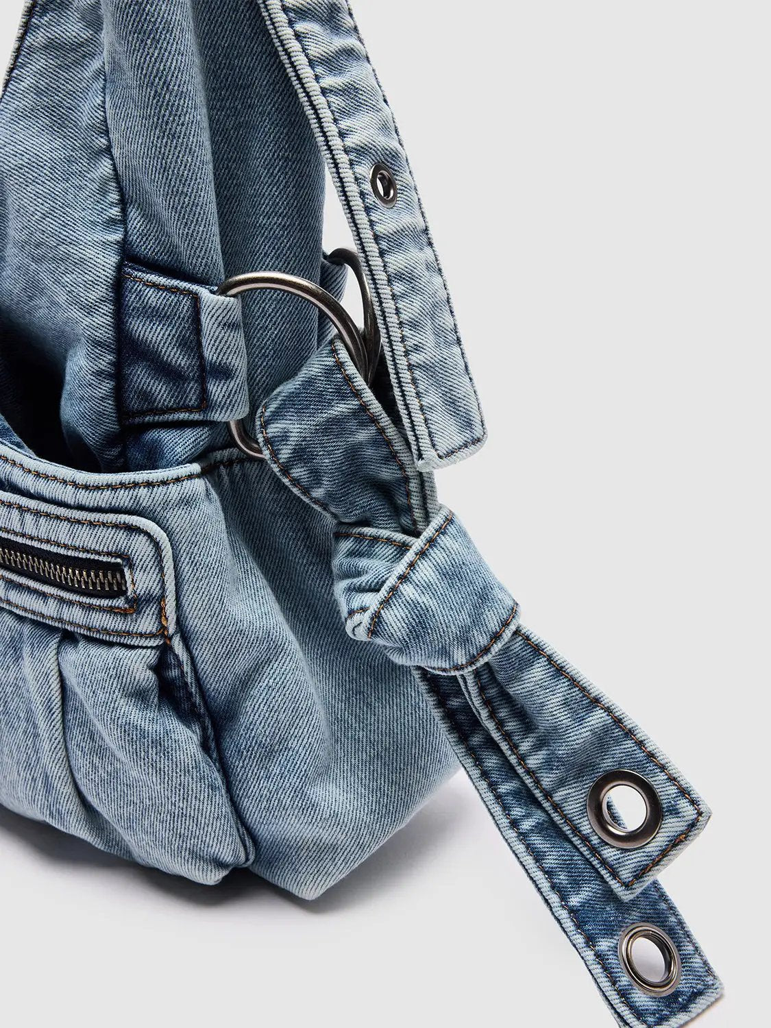 Multi Pocket Washed Denim Large Capacity Shoulder Bag
