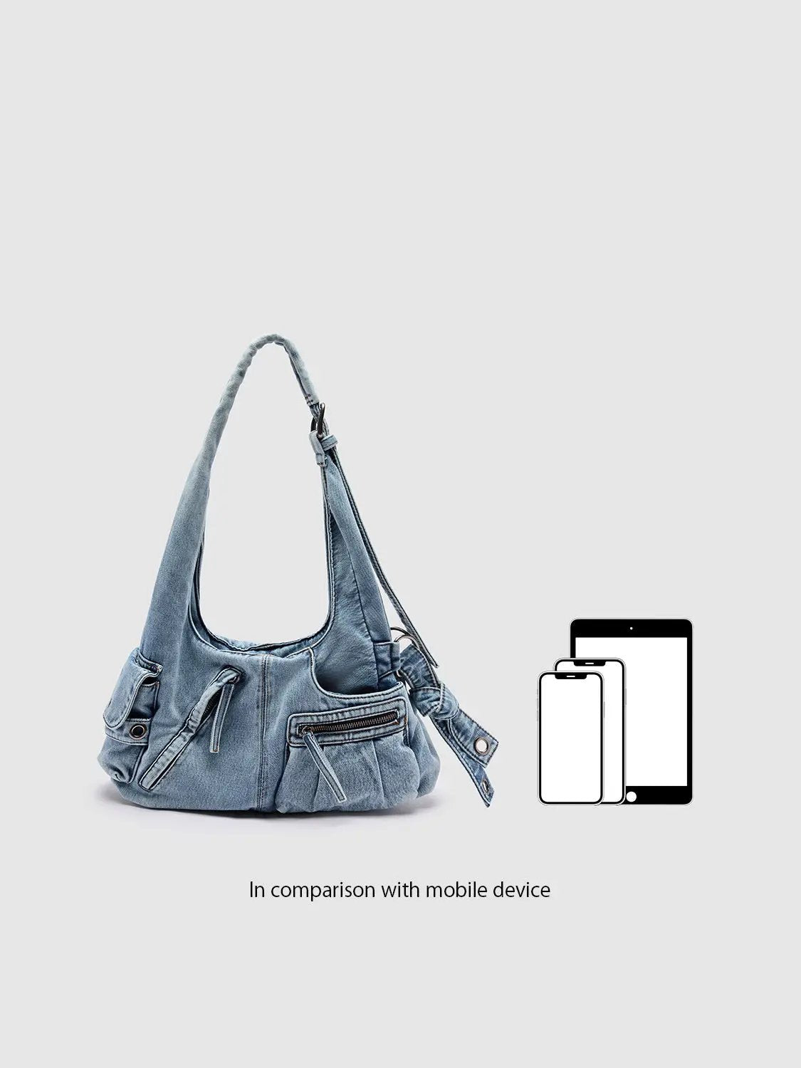 Multi Pocket Washed Denim Large Capacity Shoulder Bag