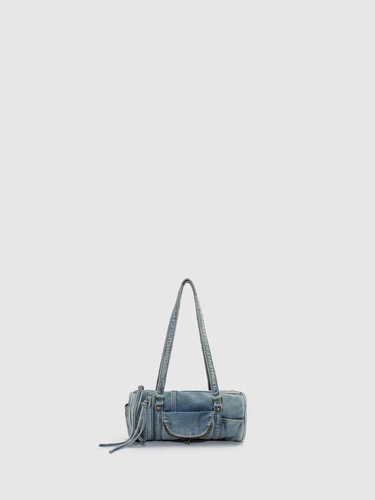Vintage Denim Drawstring Pocket Bowling Shoulder Bag